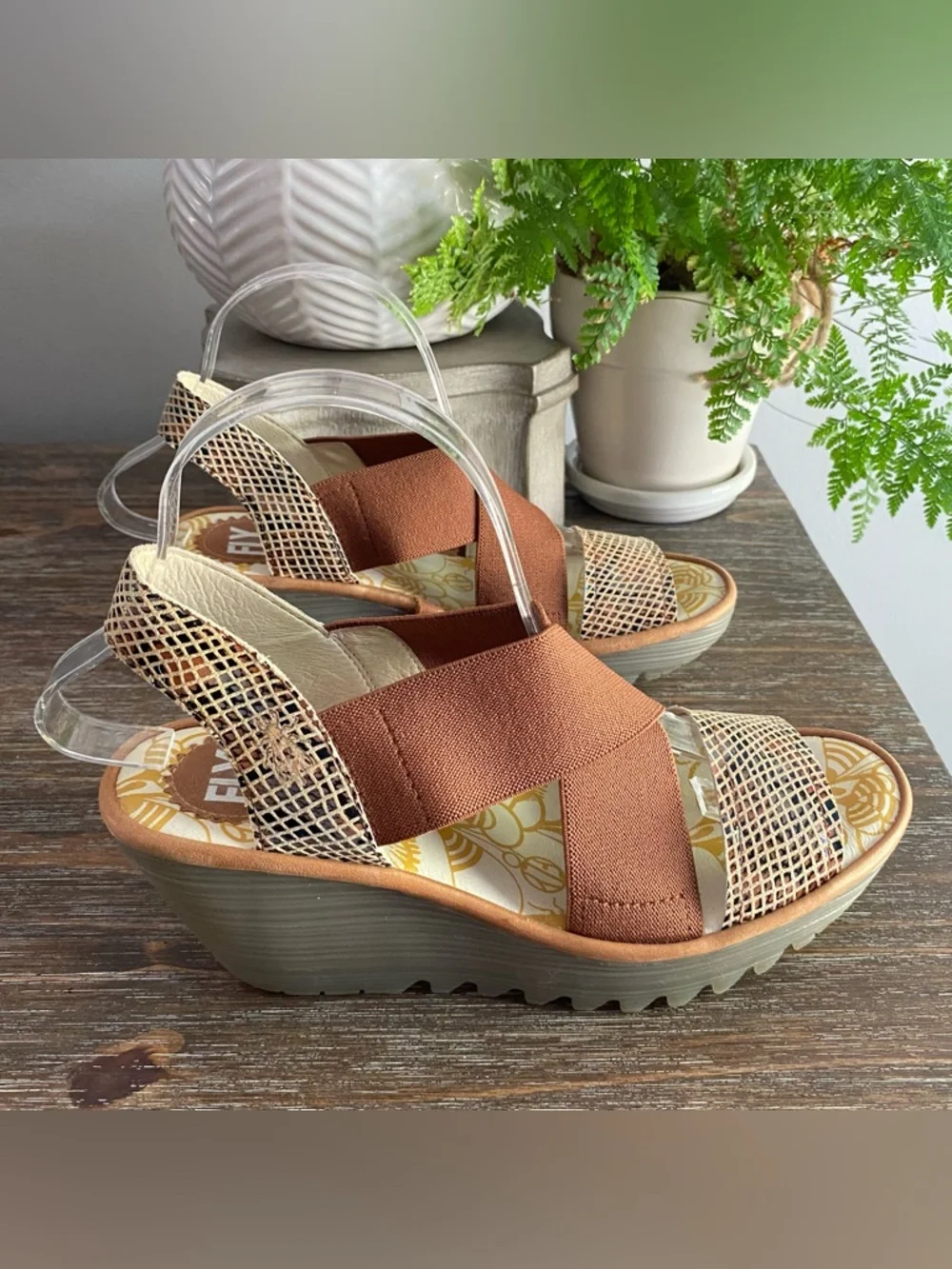 Fly London Yaji Leather‎ Wedge Heeled Platform Sandals Womens 38 7.5-8 Tan Snake